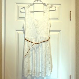 White Sleeveless Lace Dress with Belt